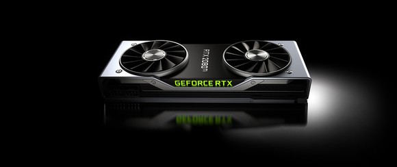 A new NVIDIA Geforce RTX GPU with ray tracing capability. The card is black and has two fans on top to keep the unit cool.