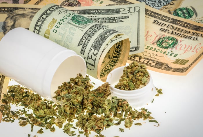 Plastic bottle with cannabis spilling out next to U.S. $20 bills.