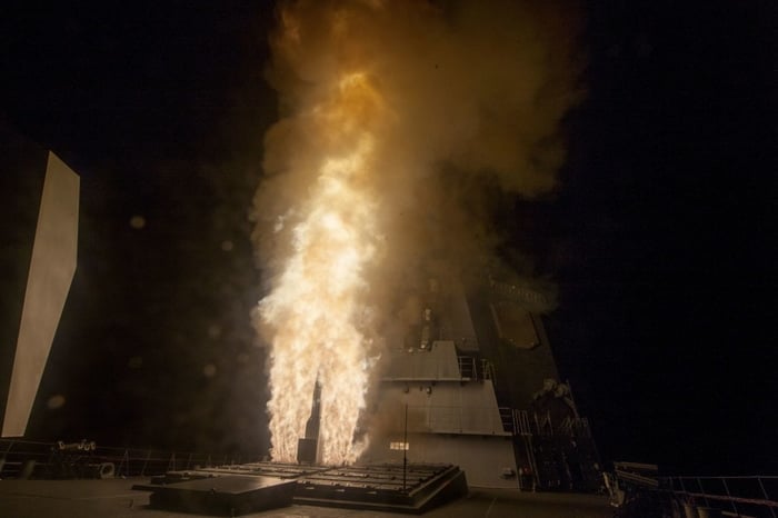 Interceptor missile launching off the deck of a Japanese destroyer