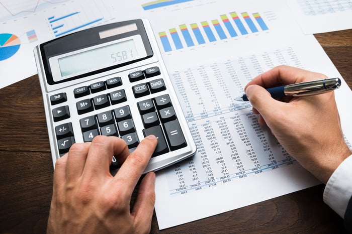 Businessman doing financial calculations on calculator.