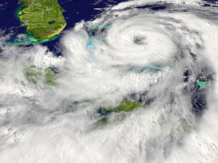 A hurricane over water bearing down on land. 