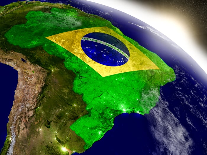 View of Brazil from space emblazoned with a Brazilian flag