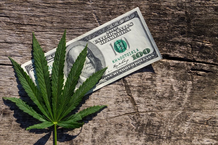 A marijuana leaf resting on a $100 bill.