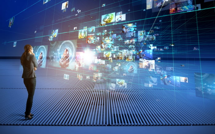 A woman watching multiple projections of digital advertising in front of her.