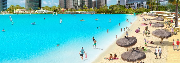 Artist rendering white sand beaches surrounding lagoon