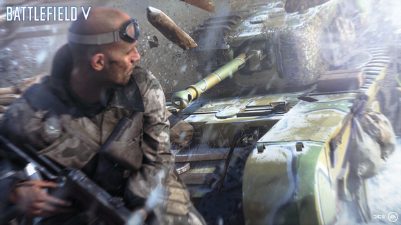 Screenshot of EA's Battlefield video game depicting a solider looking over his shoulder at a chasing tank.
