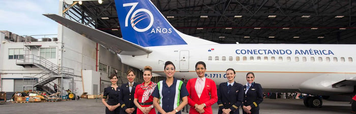 Copa crew standing in front of a Copa airplane