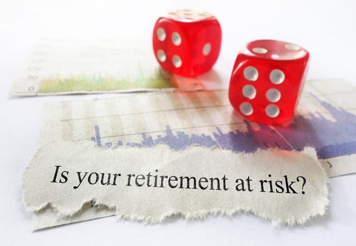 The question "Is your retirement at risk?" printed on a torn piece of paper, next to two red dice.