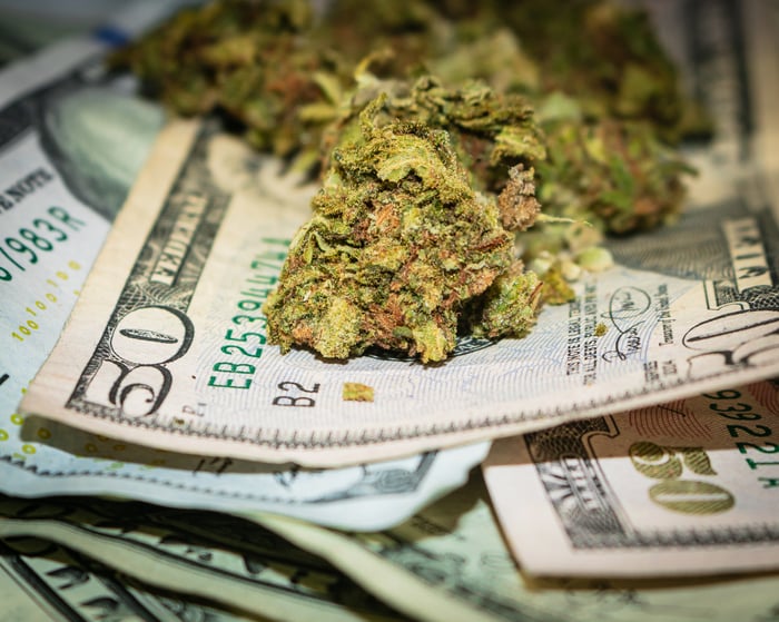 Trimmed cannabis buds lying atop a messy pile of cash bills.