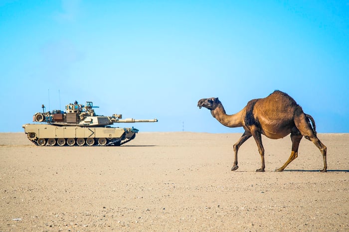 M1A2 Abrams tank and a camel in the desert