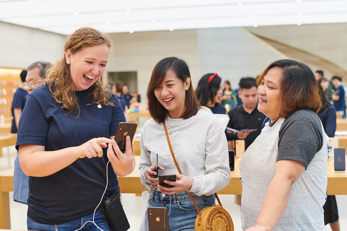 Customers using an iPhone XR at an Apple Store