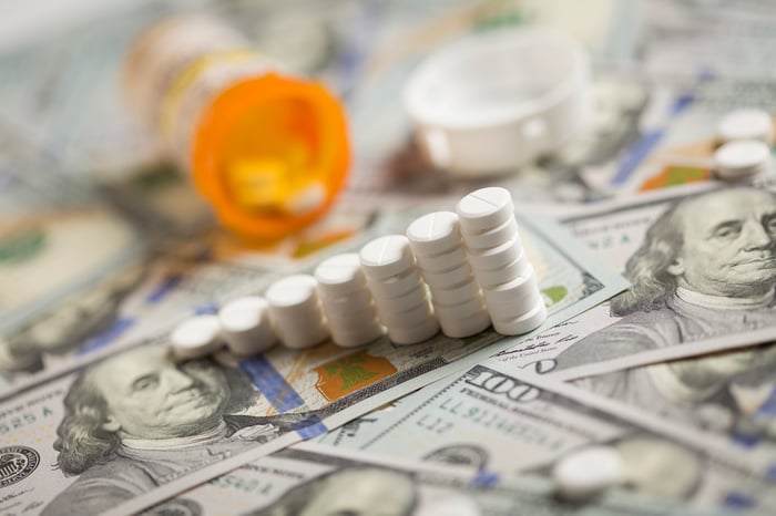 An ascending stack of prescription drug tablets that are lying on a messy pile of hundred-dollar bills.