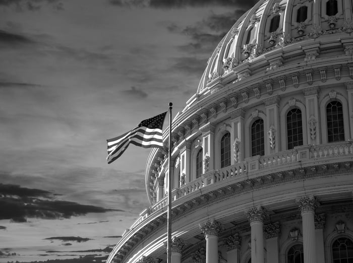 dome of the US capitol building and American flag in black and white