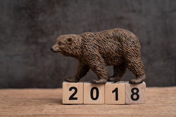 A bear walks over small wooden cubes displaying 2018.