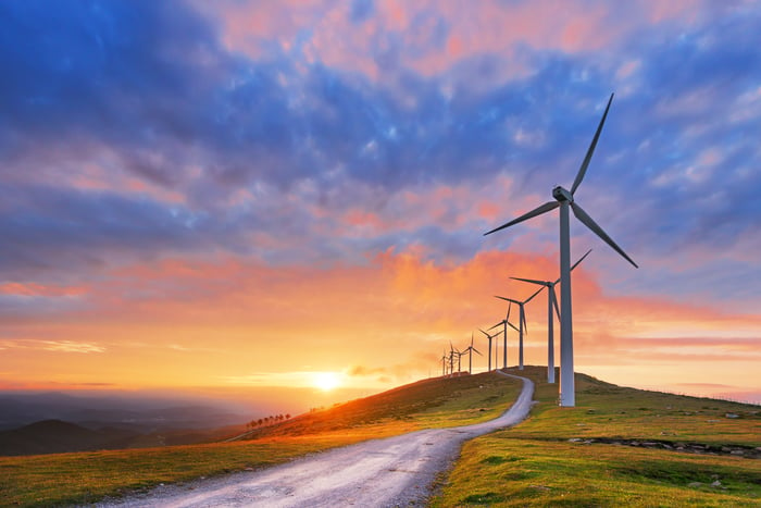 A row of wind turbines with the sun setting in the background.