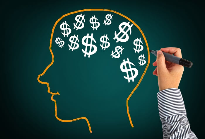 A hand is shown having drawn an outline of a head full of dollar signs.