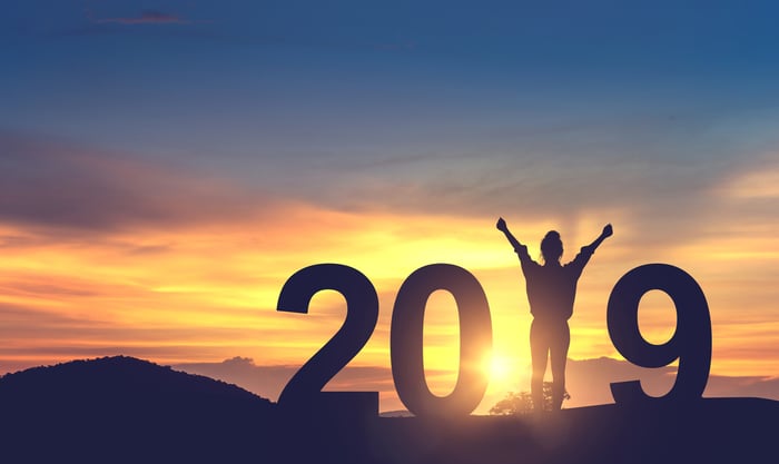 A silhouetted young woman celebrating on a hill with the numbers 2019.