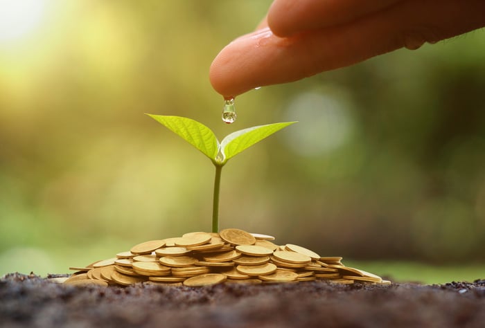 Hand pouring drop of water on seedling growing out of coin pile.