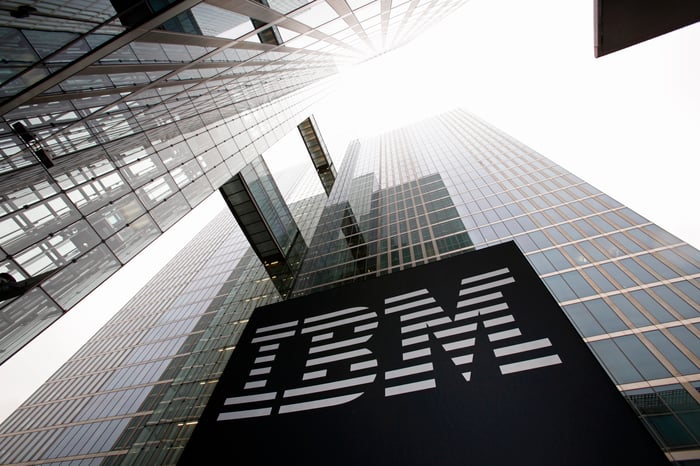 A photo of a glass-clad skyscraper emblazoned with IBM's logo.