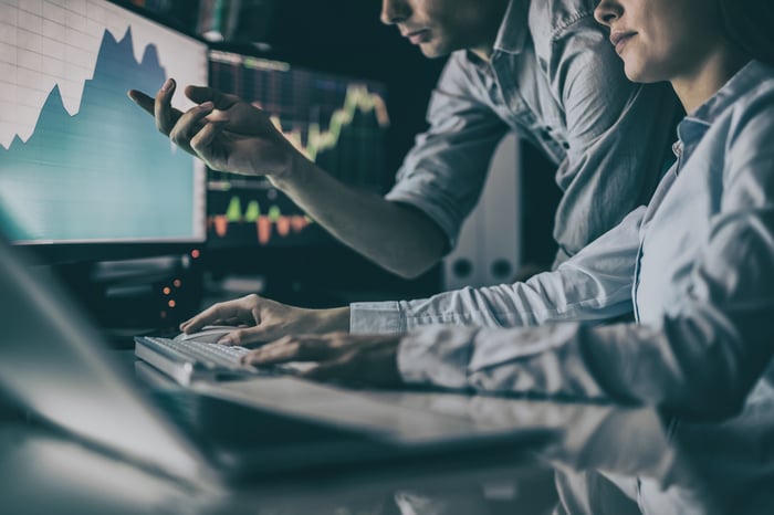 Two people looking at a computer screen with a stock graph on it