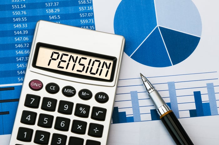 A calculator showing the word Pension on its display screen, with paperwork showing dollar figures and a pie chart underneath the calculator. 