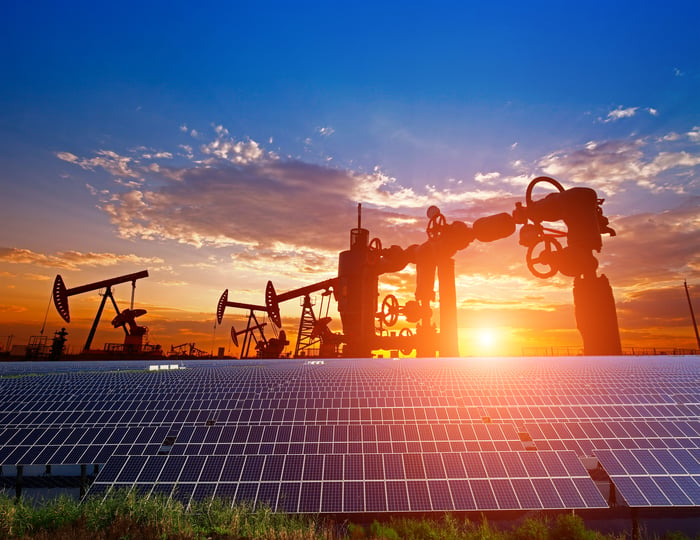 Oil pumps, a natural gas well, and solar panels with the sun setting in the background.