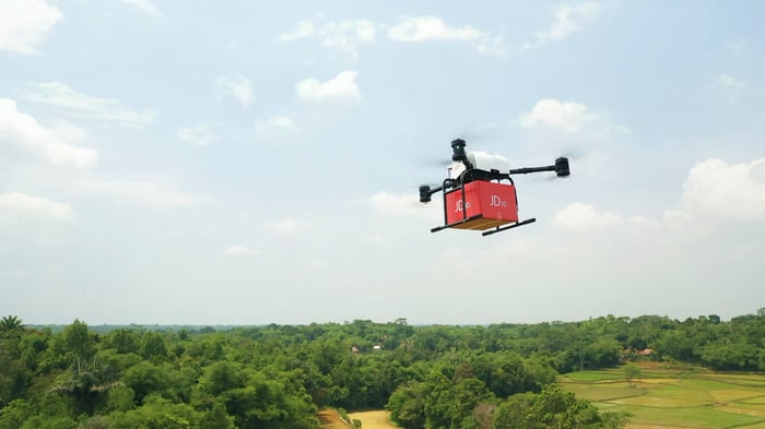 A JD delivery drone in flight.