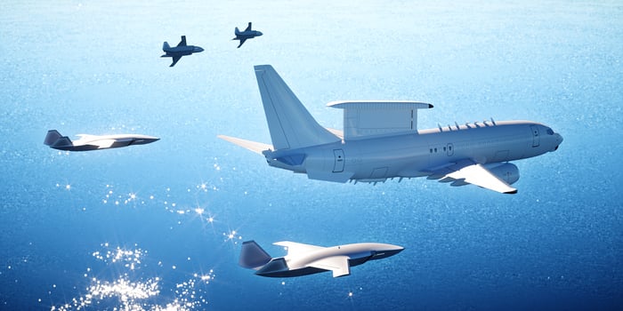 Rendering of Boeing's Airpower Teaming System drone flying with a AEW&C reconnaissance aircraft.