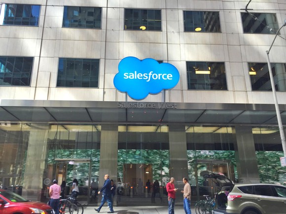 The Salesforce logo above a building entrance.