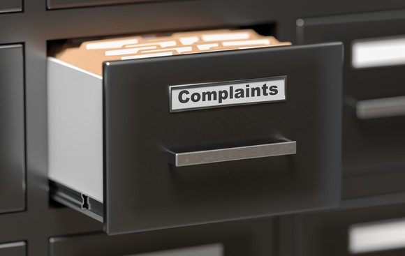 Filing cabinet drawer labeled complaints
