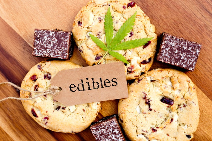 A label with the word edibles that's lying atop cookies and brownies, with a single cannabis leaf atop one of the cookies. 