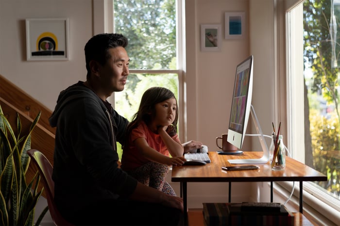 Man and daughter using an iMac