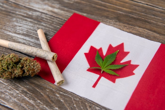 A cannabis leaf overlaid atop a small Canadian flag, with two pre-rolled joints and a cannabis bud to the left of the flag. 