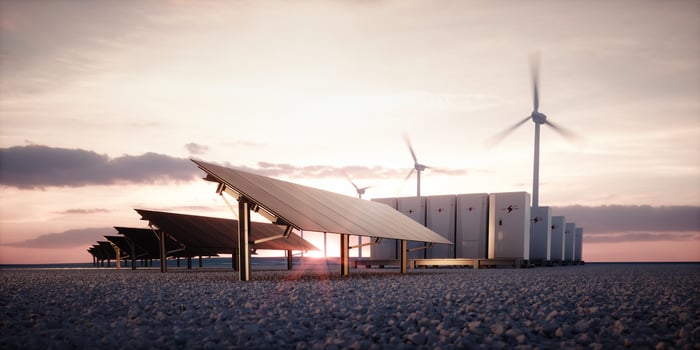 Solar panels, wind turbines, and battery storage with a bright sun in the background.