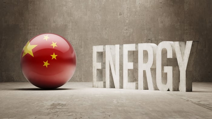 A sphere with the Chinese flag next to the word energy.