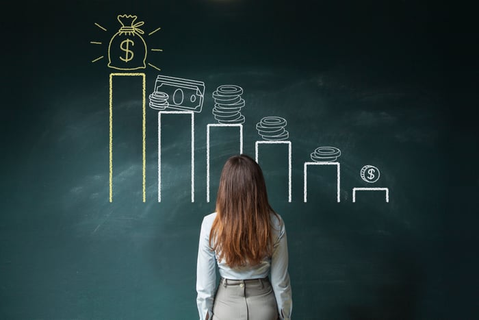 A woman looking at a chalk board with rising bars with money symbols on top.