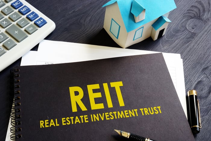 The acronym REIT with the words "real estate investment trust" written out underneath on the front of a binder.