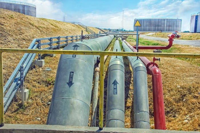 Several pipelines with storage tanks in the background.