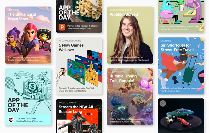 Various cards promoting apps from the Apple App Store.