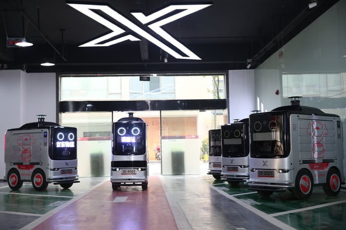 JD's autonomous delivery robots in a garage.