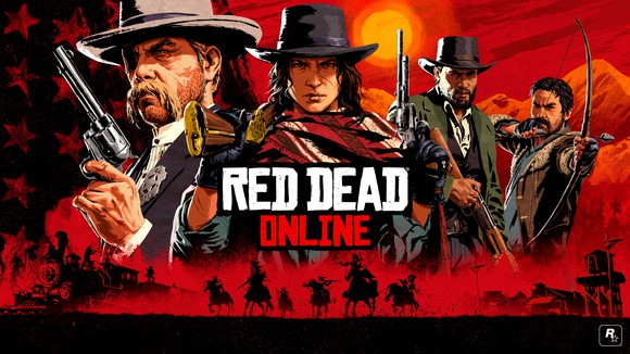 A drawing of four characters from the Red Dead Redemption game with the title Red Dead Online in the center.