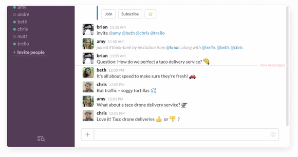 screen shot of people talking on screen via Slack