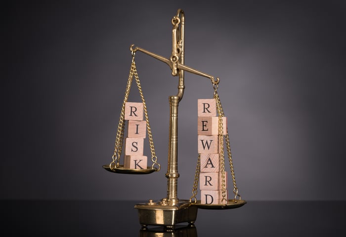 A scale weighing blocks spelling out the words "risk" and "reward."