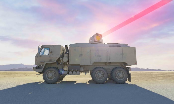 Artist's rendering of the Dynetics/Lockheed laser shooting from the top of an Army truck.