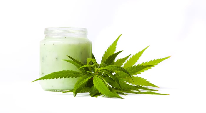 A cannabidiol-infused balm in a jar that's next to cannabis leaves.