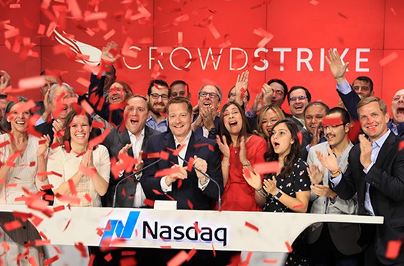CrowdStrike employees celebrating CrowdStrike's first day on the Nasdaq.