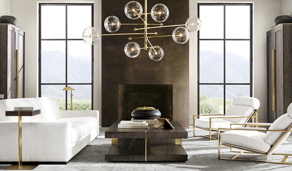 Contemporary room decorated with various Restoration Hardware products.