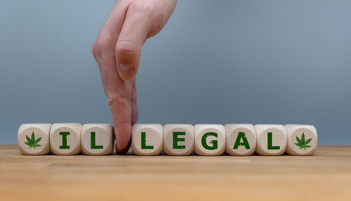 Wooden blocks with the word illegal spelled out on the blocks, cannabis images on the outer blocks, and a hand between the two Ls in the word