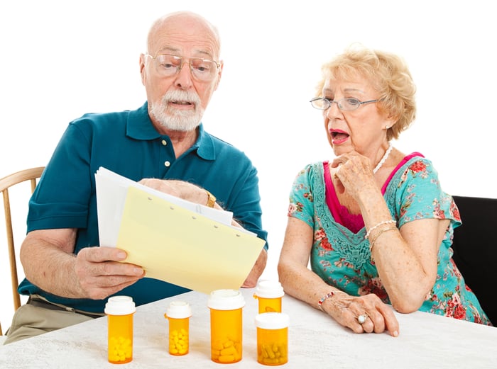 A married senior couple in shock at their prescription medicine bill, with multiple prescription bottles on the table in front of them.