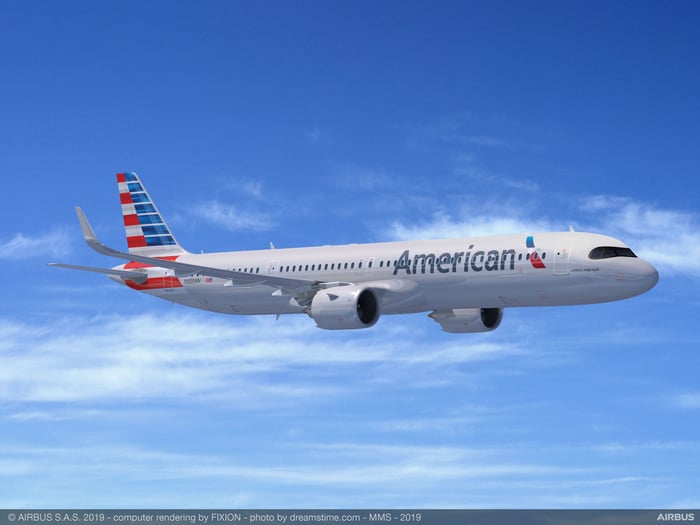 A rendering of an Airbus A321XLR in the American Airlines livery.